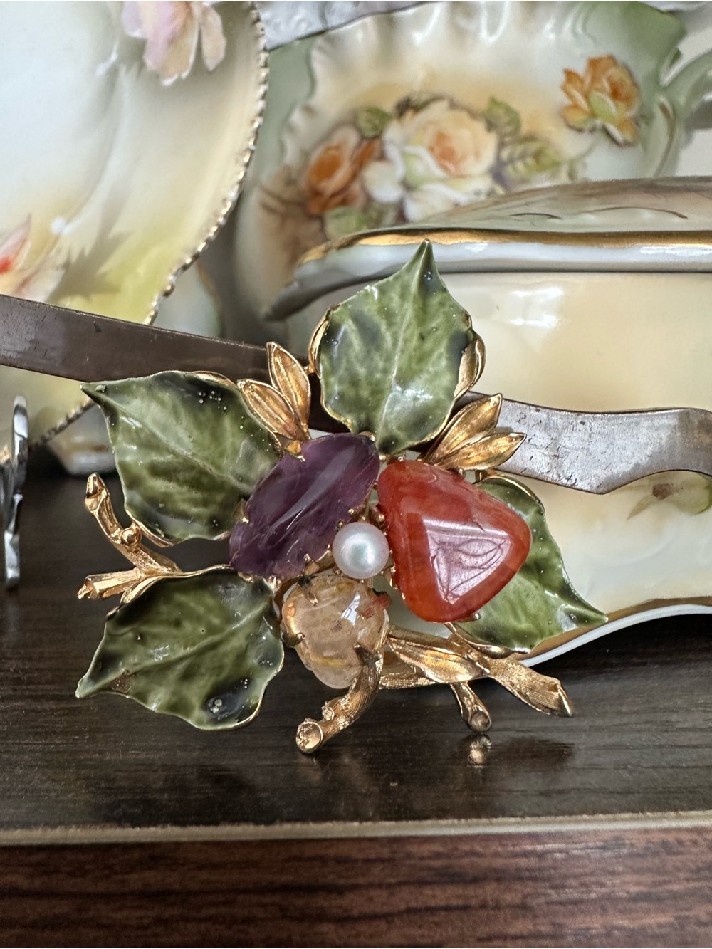 François for Coro Enamel Leaf Brooch Pearl Chalcedony Art Glass Gem Signed c1950